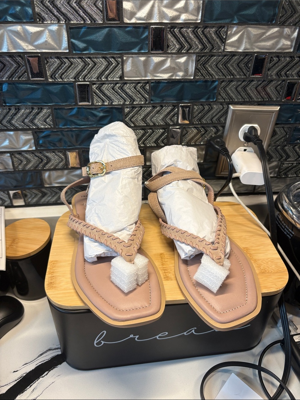 Free People Braided V-Strap Square Toe Sandals in Light Beige